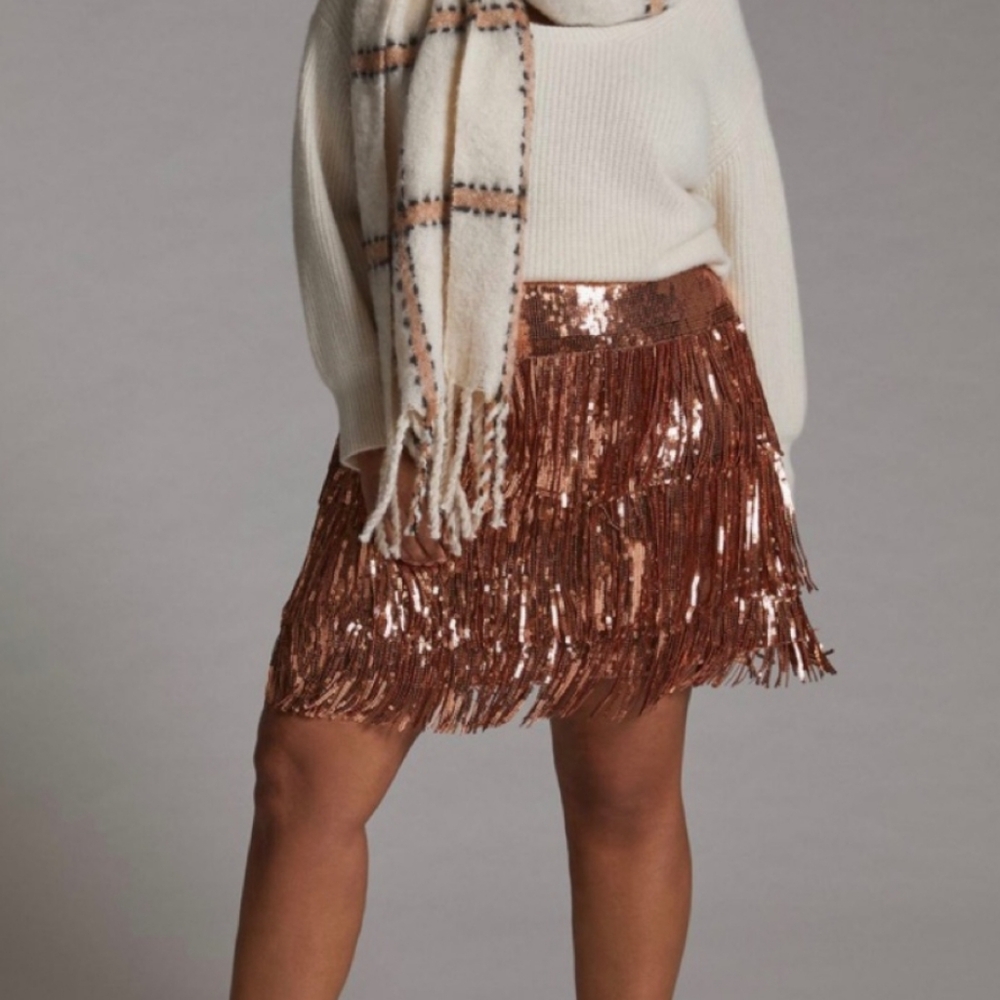 Anthropologie Maeve Copper Sequin Fringe Mini Skirt